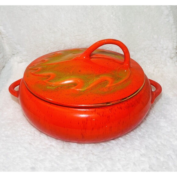 Vtg California Pottery 813 Orange Casserole Chafing Dish Maple Leaf Gold Accents - Picture 2 of 10